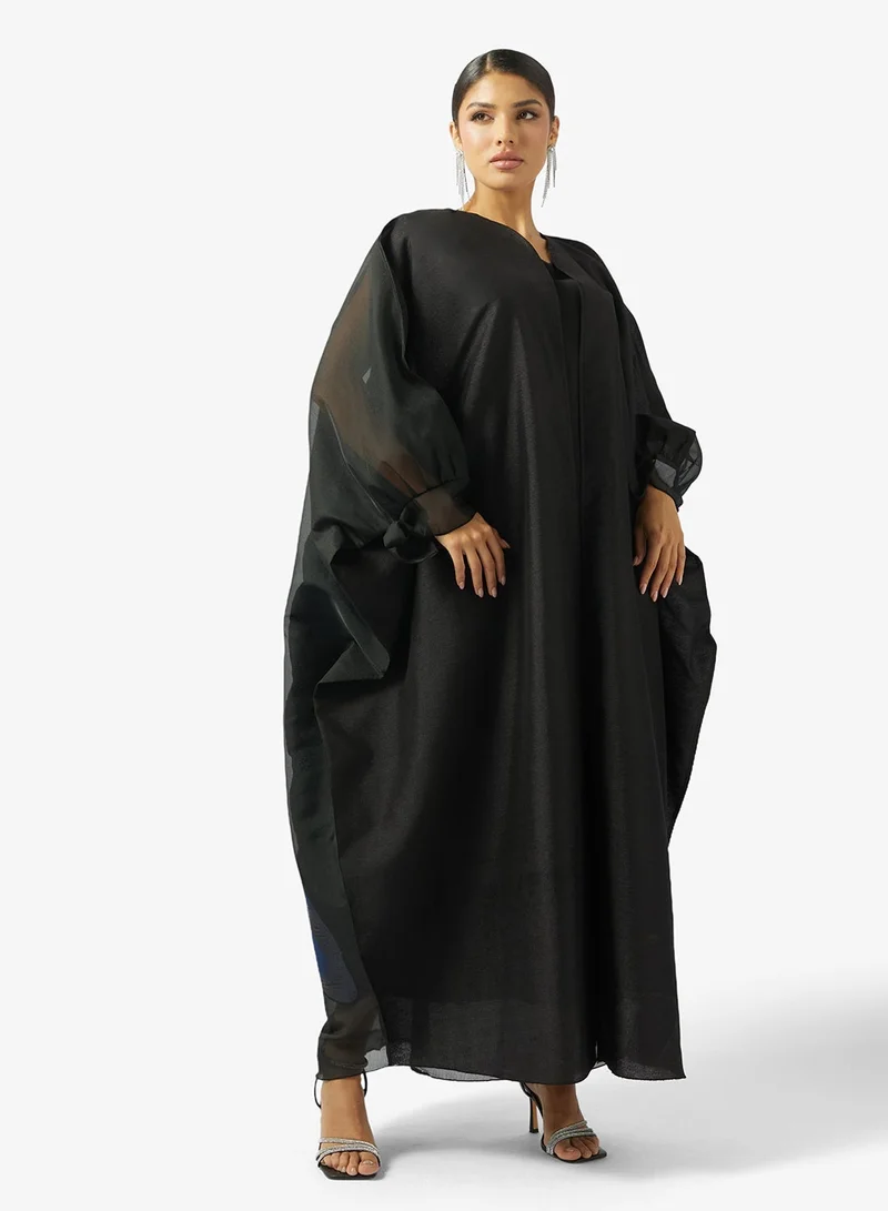 Black Mesh Floral Print Abaya